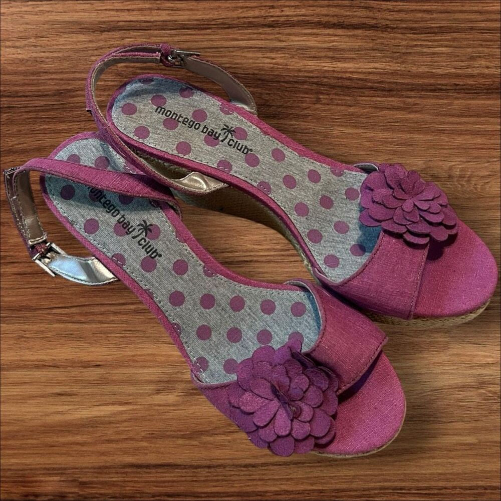 Montego Bay Club Pink Floral Espadrille Wedge Sandals Size 7.5 - Picture 9 of 13